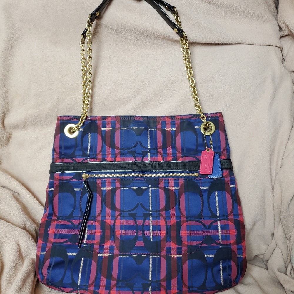 Coach Poppy Lurex Tartan Chain Slim Tote